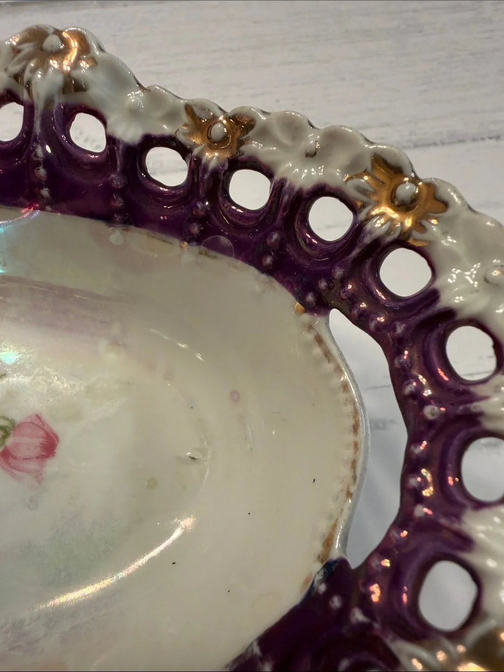 Porcelain Floral Serving Dish in Purple and White with Gold Accents Vintage